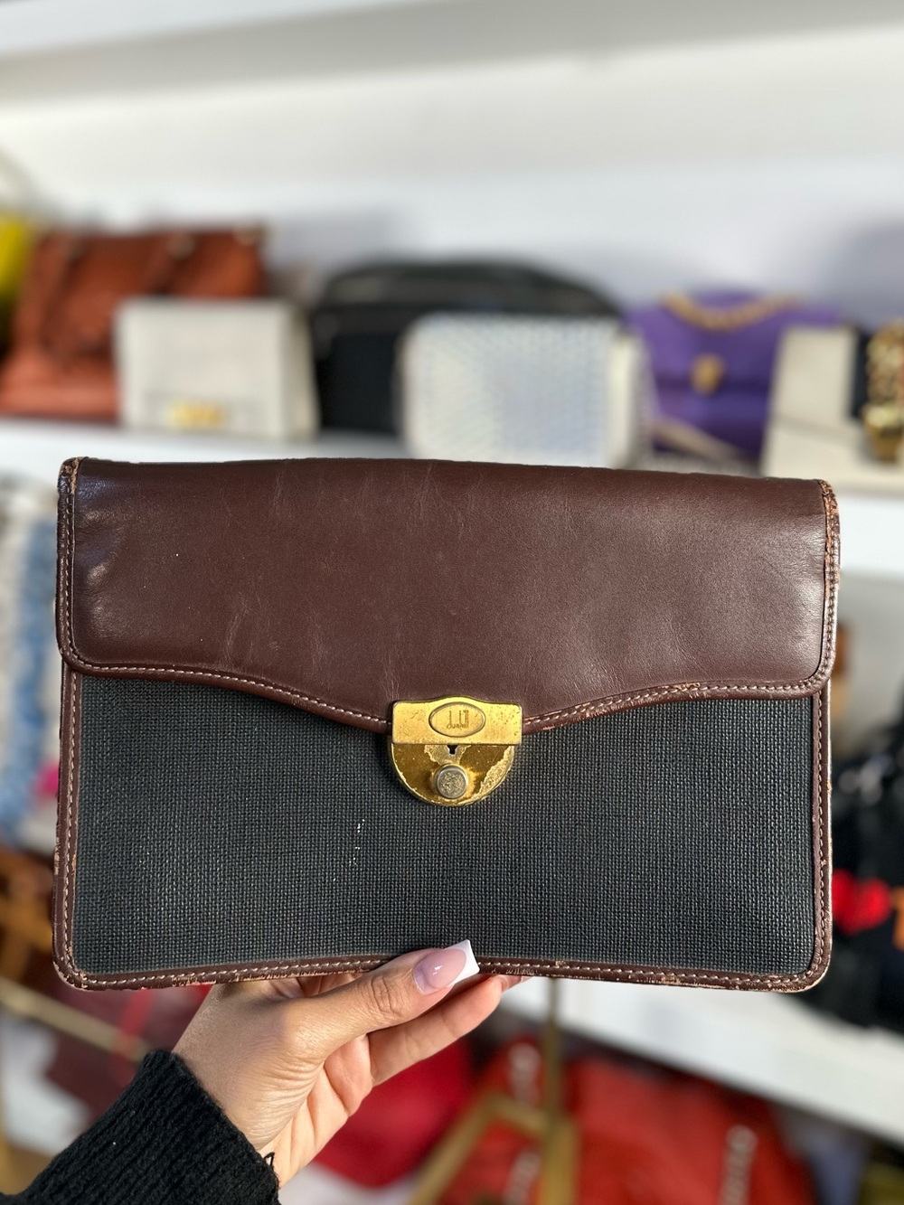 Dunhill Brown and Black Two-Tone Clutch with Gold Hardware